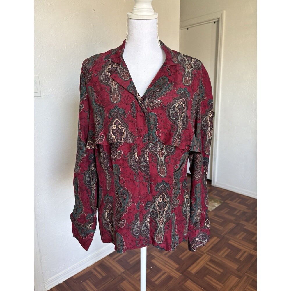 Francesca Of Damon For Starington 100% Silk Vintage Red And Green Print Blouse